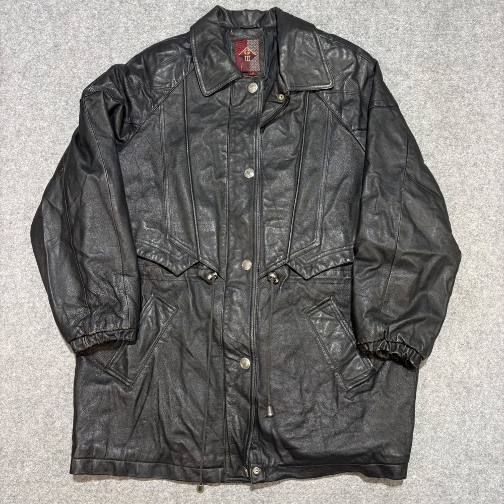 G-III Vintage Black Leather Parka Jacket Drawstring Waist Western Yoke Large